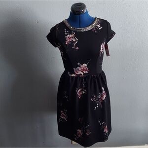 Xhilaration Black Floral Embellished Beaded Neckline Knee Length Dress XS